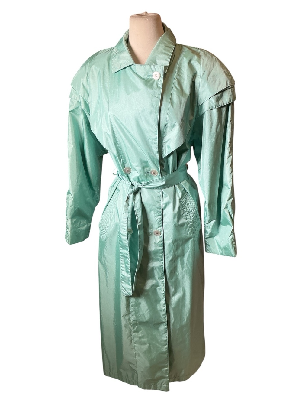 Vintage 1980s Nylon Power Shoulder Mint Green Trench Rain Coat Medium